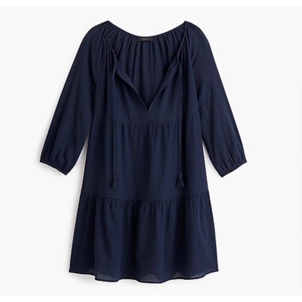 J.Crew Navy Blue Cotton Gauze Tiered Mini Dress Tassel Tie‎ Neck AK598 Medium